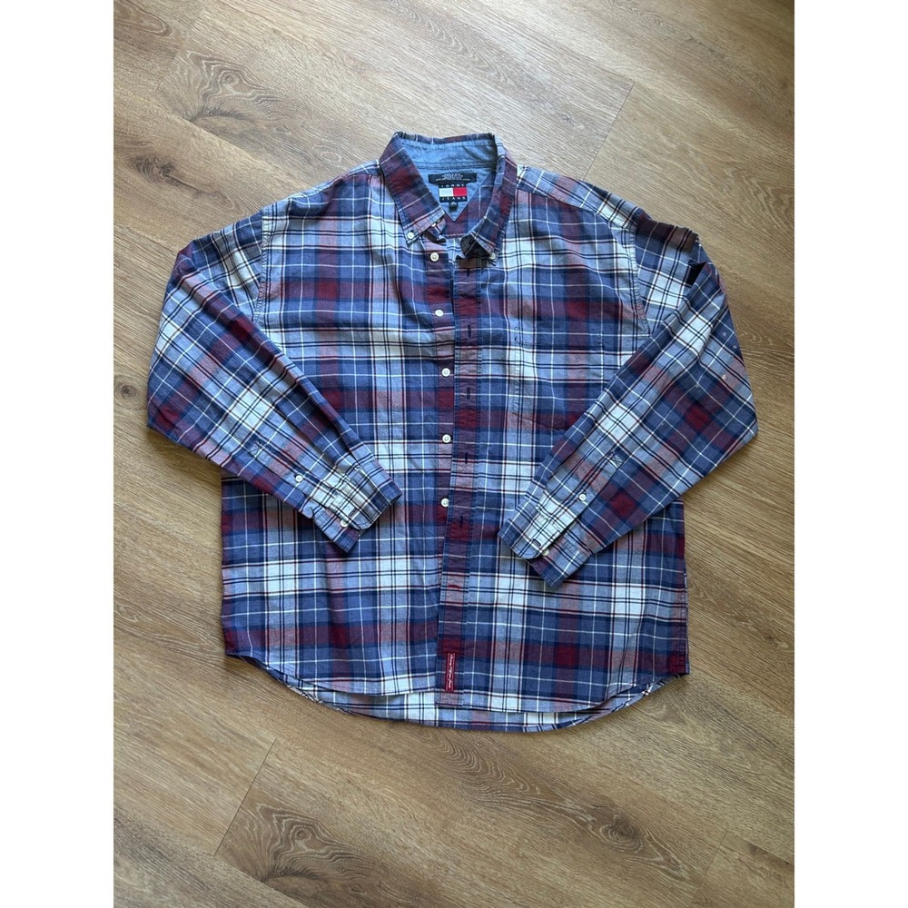 Tommy Hilfiger Jeans Mens XL Plaid Button Down Shirt Blue Burgundy Vintage 2003